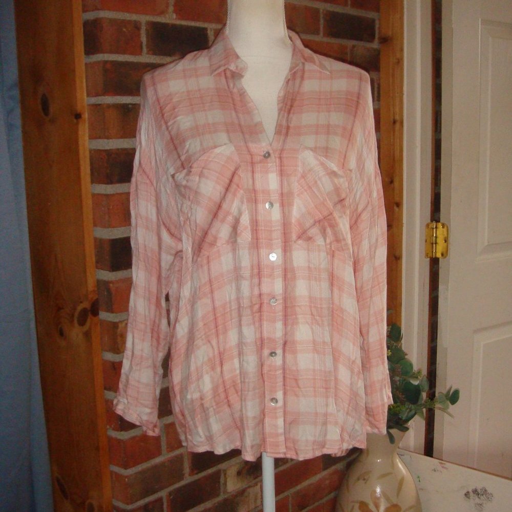 She + Sky Pink White Plaid Top L